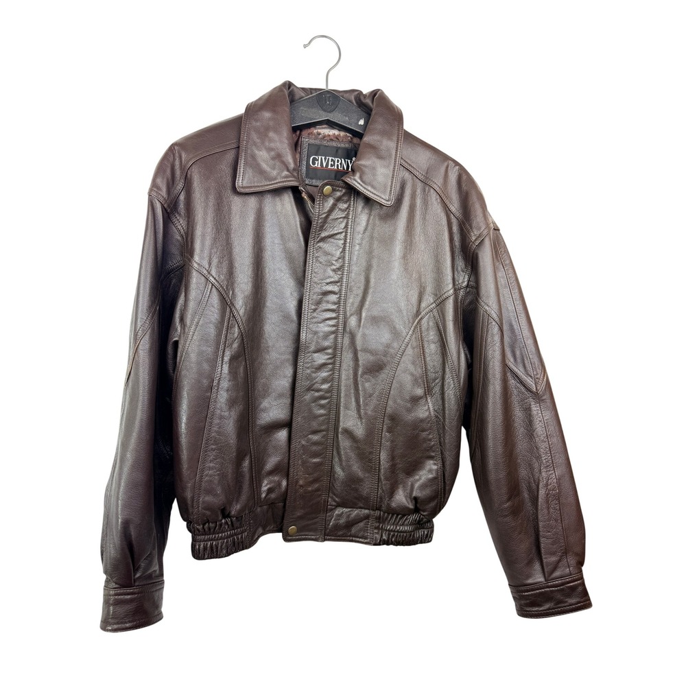 Giverny Mens Brown Leather Bomber Jacket Vintage Full Zip Coat Size Medium